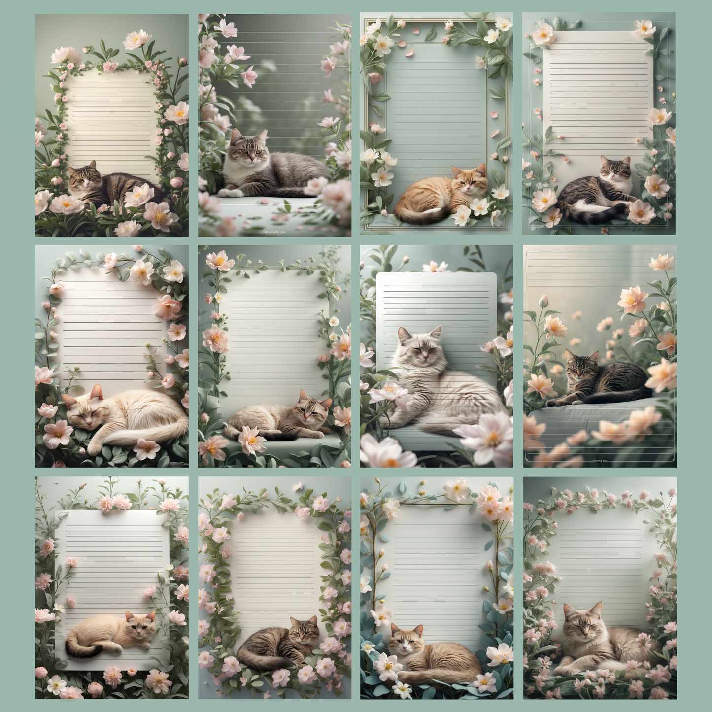 Cat in Flowers Notizseiten | Digital Download | 100 Seiten | Liniert | A4