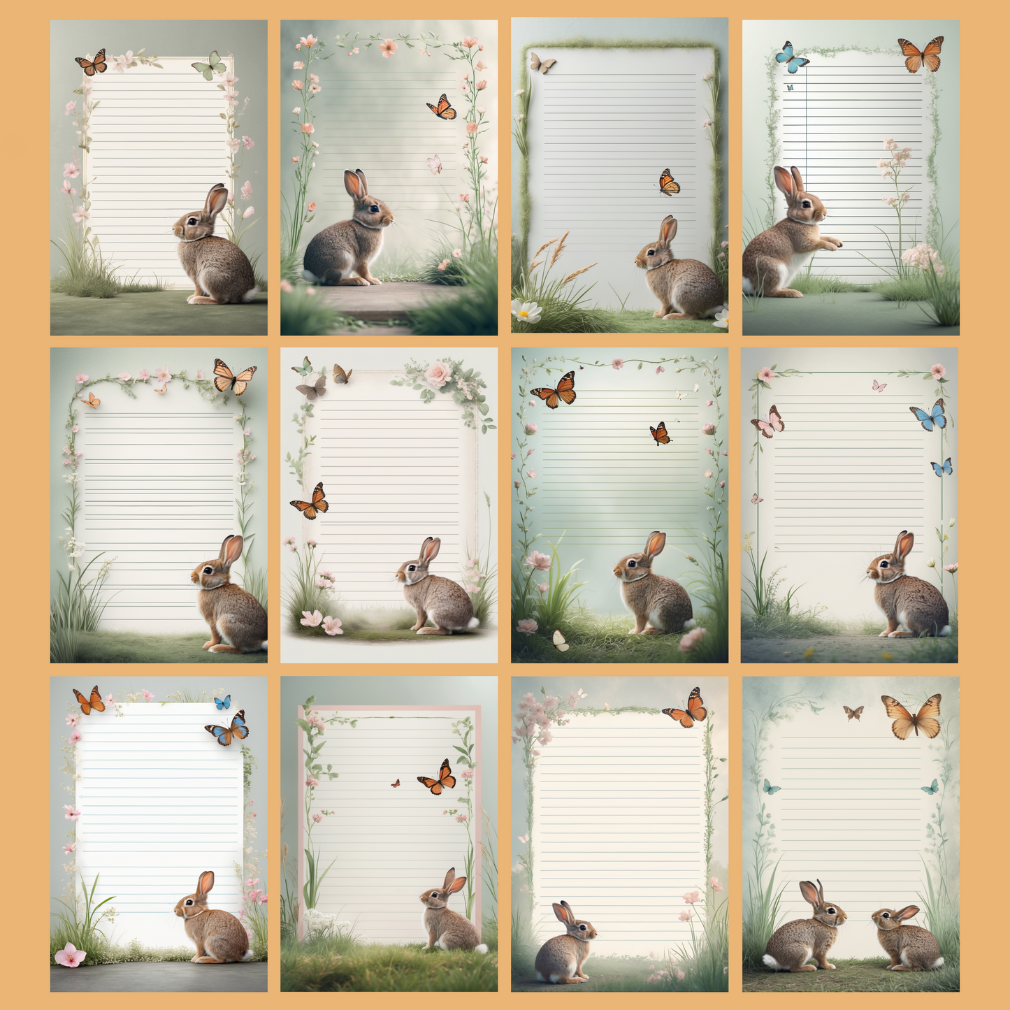 Bunny & Butterfly Notizseiten | Digital Download | 100 Seiten | Liniert | A4