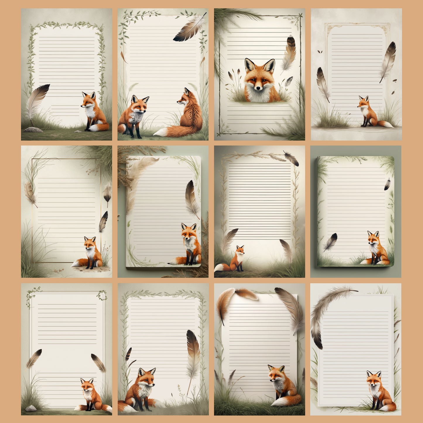 Fox & Feather Notizseiten | Digital Download | 100 Seiten | Liniert | A4