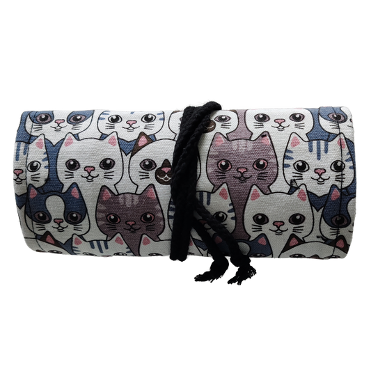 Federmäppchen | Katzen-Design | Canvas | 48 Stiftplätze | Einrollbar