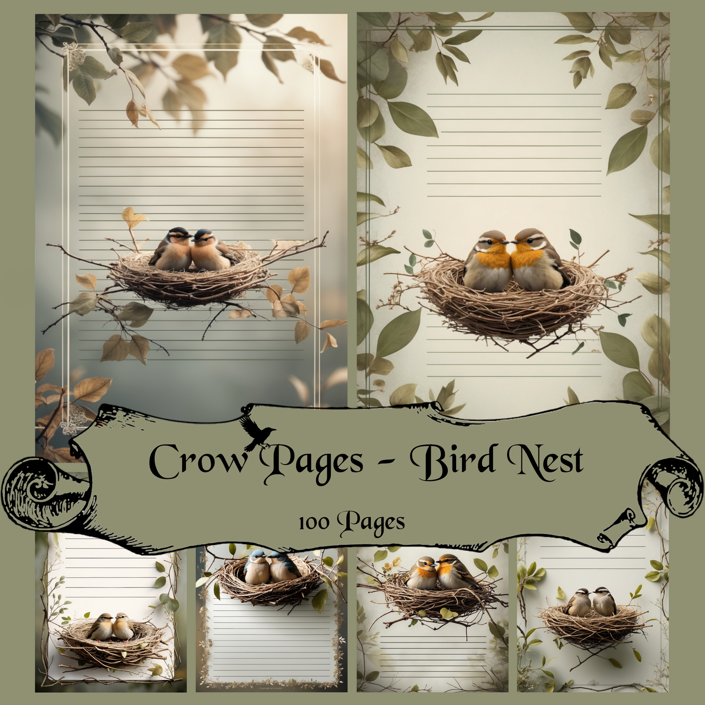 Bird Nest Notizseiten | Digital Download | 100 Seiten | Liniert | A4