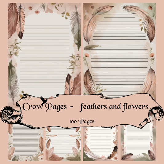 Feather & Flowers Notizseiten | Digital Download | 100 Seiten | Liniert | A4