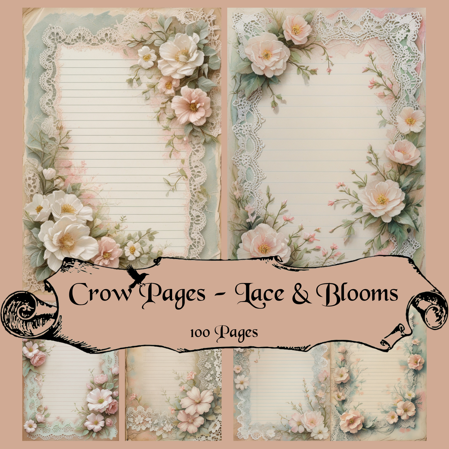 Lace & Blooms Notizseiten | Digital Download | 100 Seiten | Liniert | A4