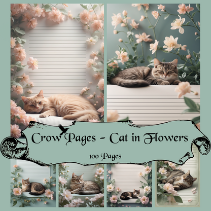 Cat in Flowers Notizseiten | Digital Download | 100 Seiten | Liniert | A4