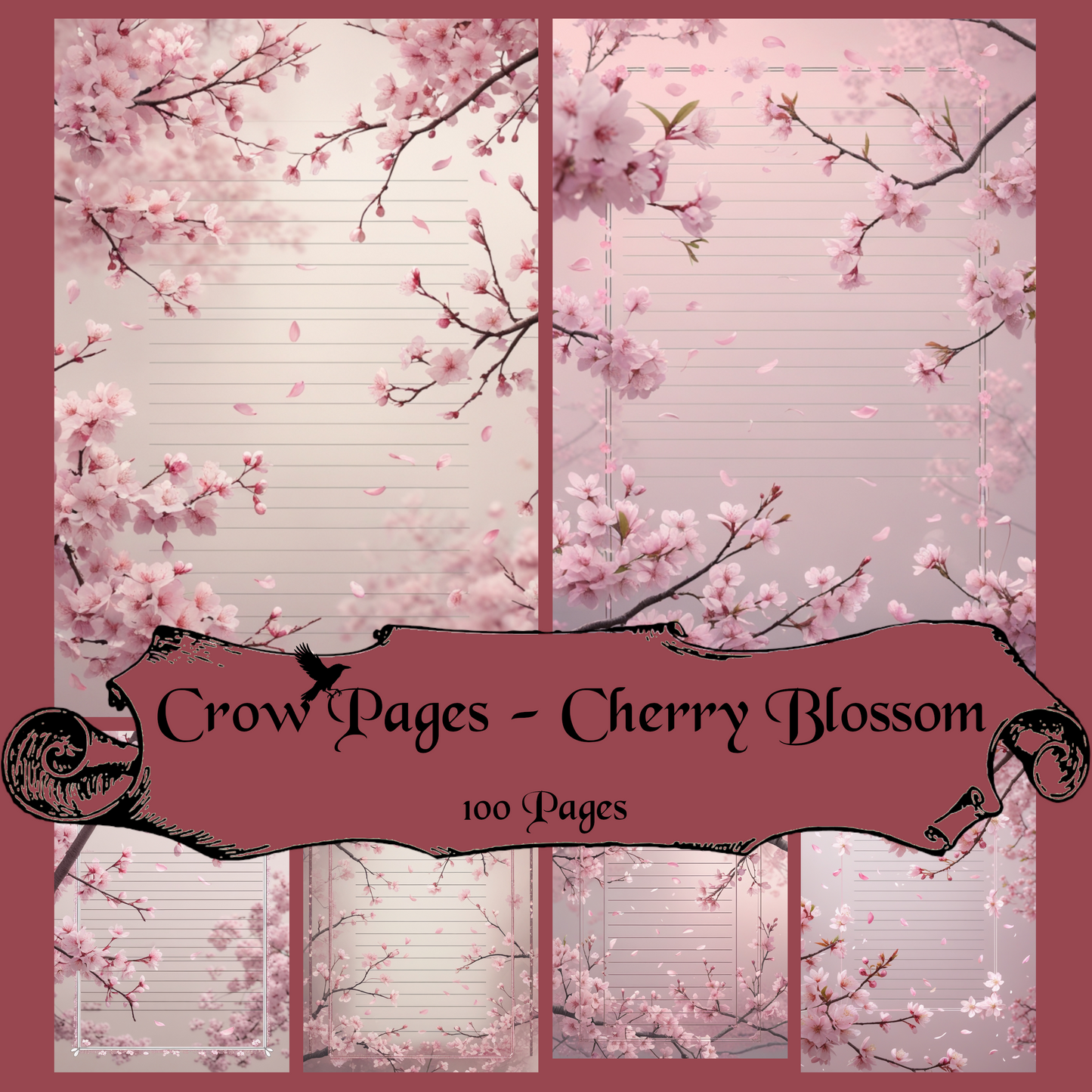 Cherry Blossom Notizseiten | Digital Download | 100 Seiten | Liniert | A4