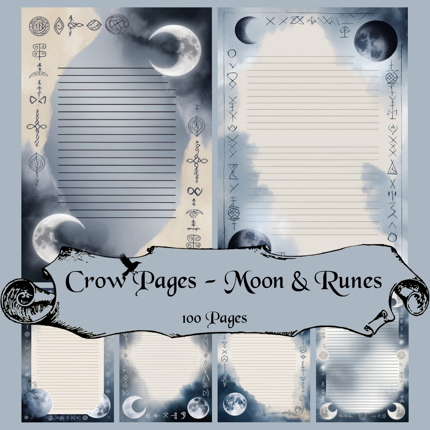 Moon & Runes Notizseiten | Digital Download | 100 Seiten | Liniert | A4