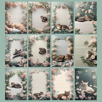 Cat in Flowers Notizseiten | Digital Download | 100 Seiten | Liniert | A4