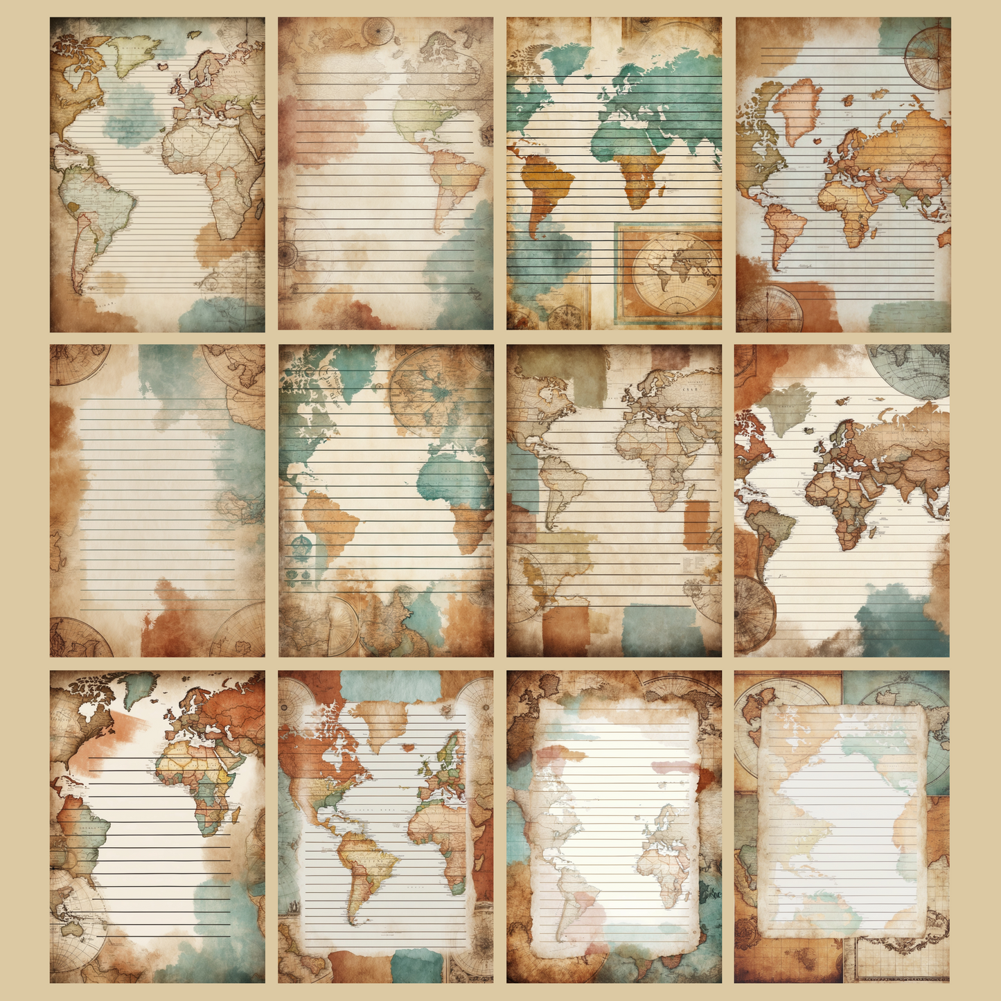 Vintage Map Notizseiten | Digital Download | 100 Seiten | Liniert | A4