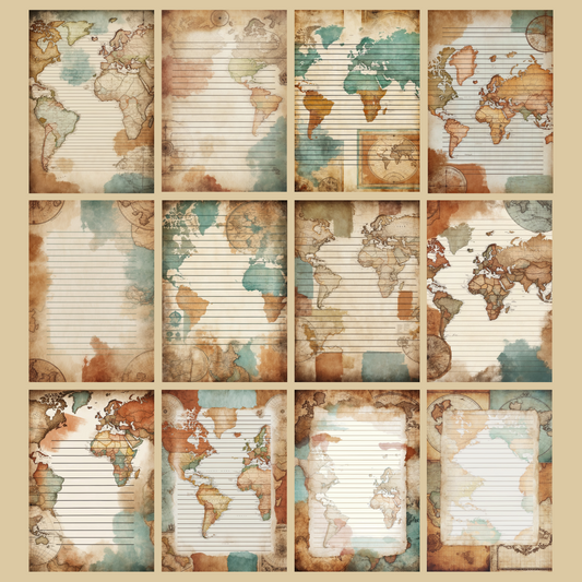Vintage Map Notizseiten | Digital Download | 100 Seiten | Liniert | A4