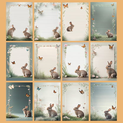 Bunny & Butterfly Notizseiten | Digital Download | 100 Seiten | Liniert | A4