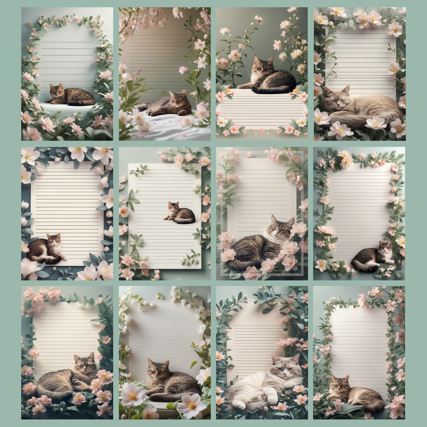 Cat in Flowers Notizseiten | Digital Download | 100 Seiten | Liniert | A4