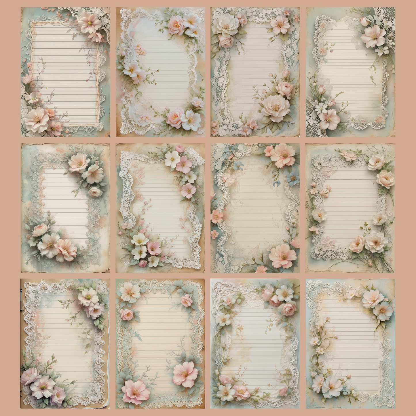 Lace & Blooms Notizseiten | Digital Download | 100 Seiten | Liniert | A4