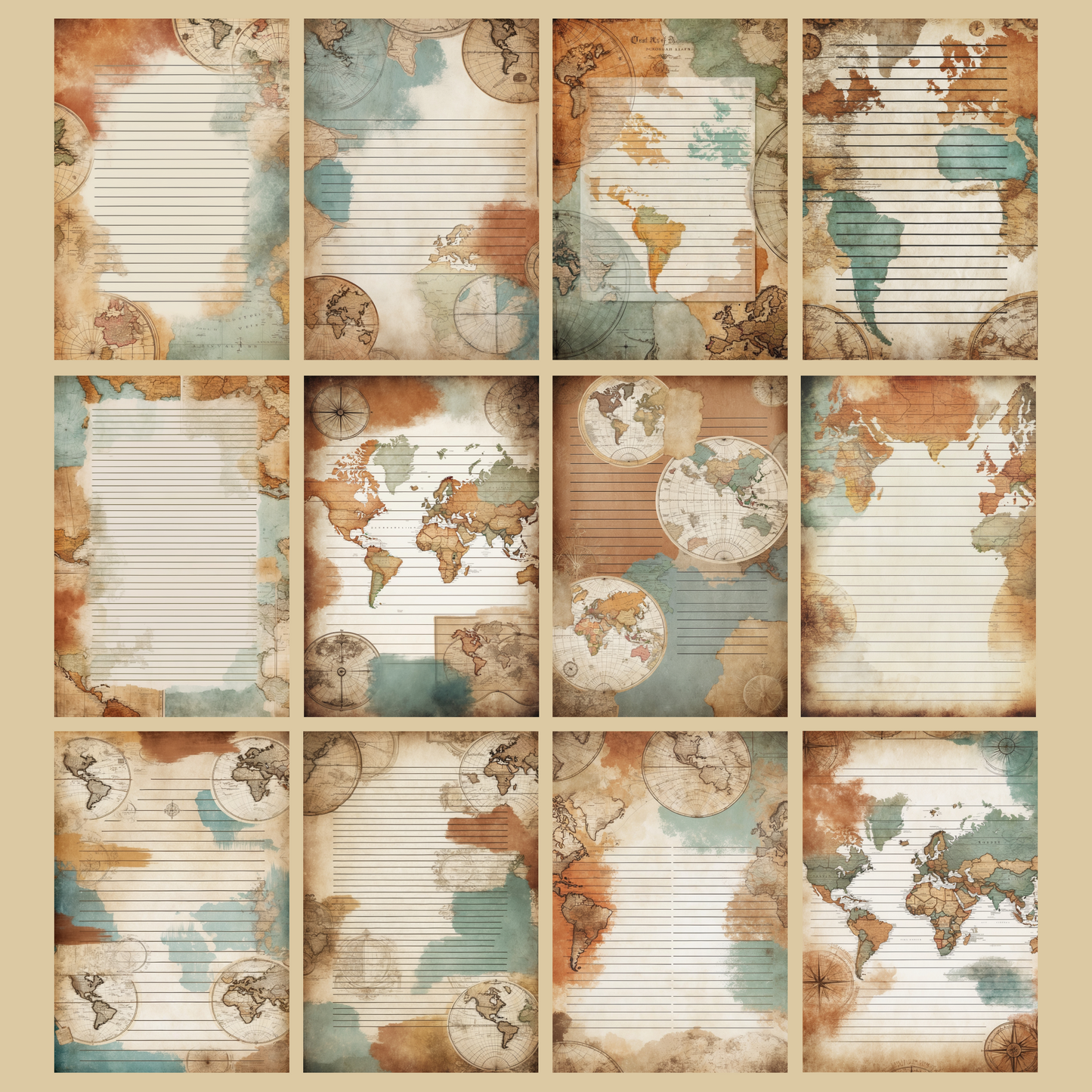 Vintage Map Notizseiten | Digital Download | 100 Seiten | Liniert | A4