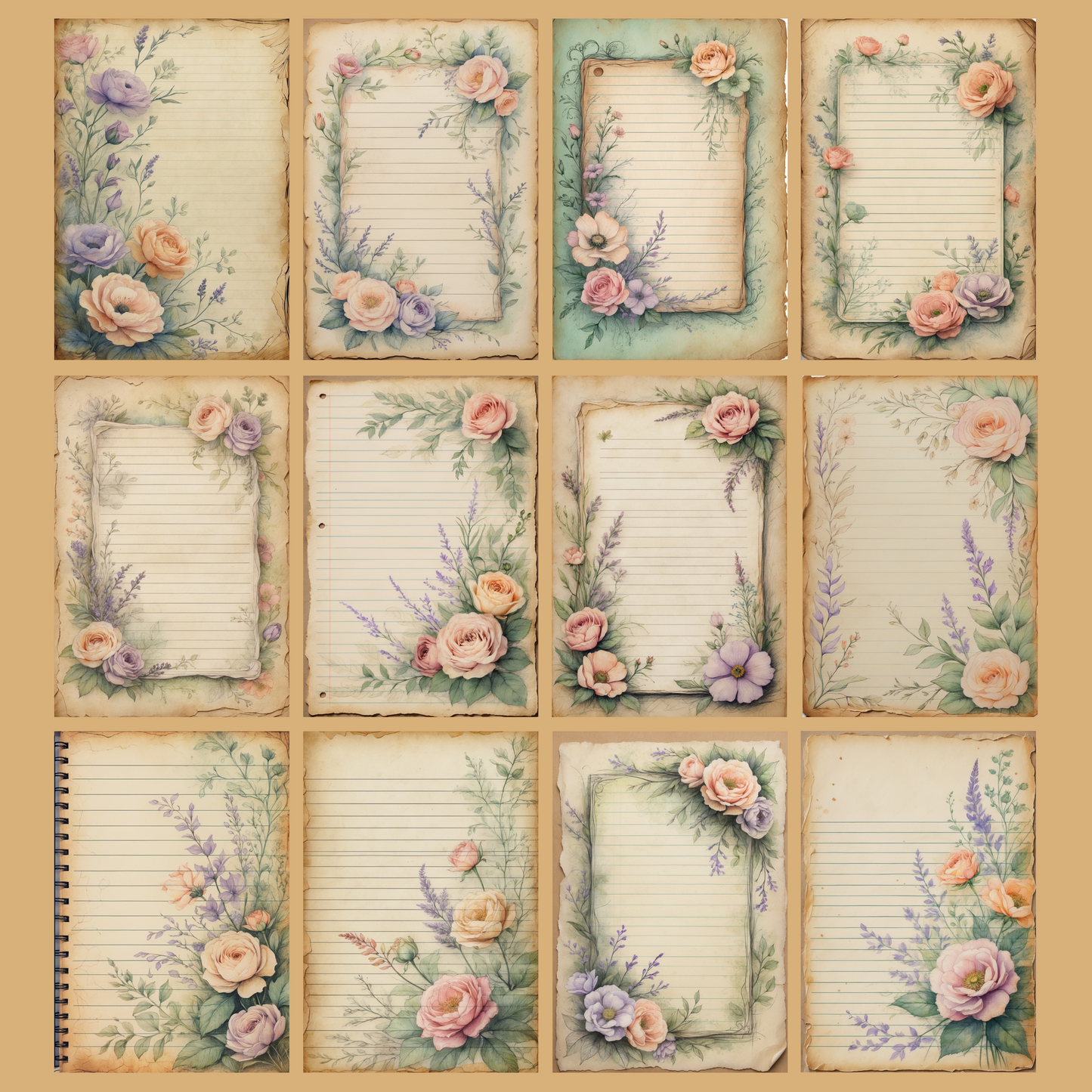 Vintage Floral Notizseiten | Digital Download | 100 Seiten | Liniert | A4
