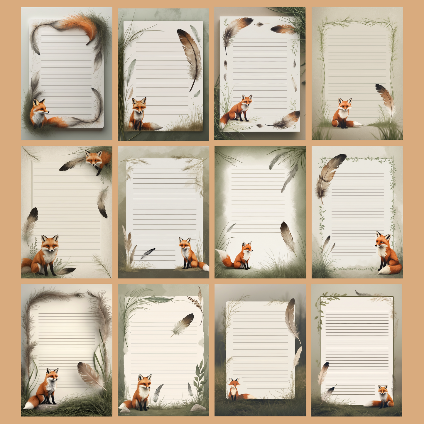 Fox & Feather Notizseiten | Digital Download | 100 Seiten | Liniert | A4