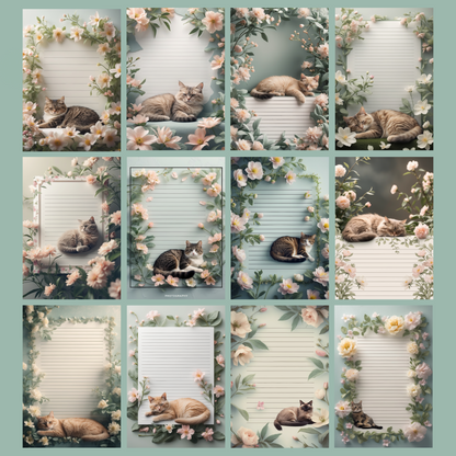 Cat in Flowers Notizseiten | Digital Download | 100 Seiten | Liniert | A4