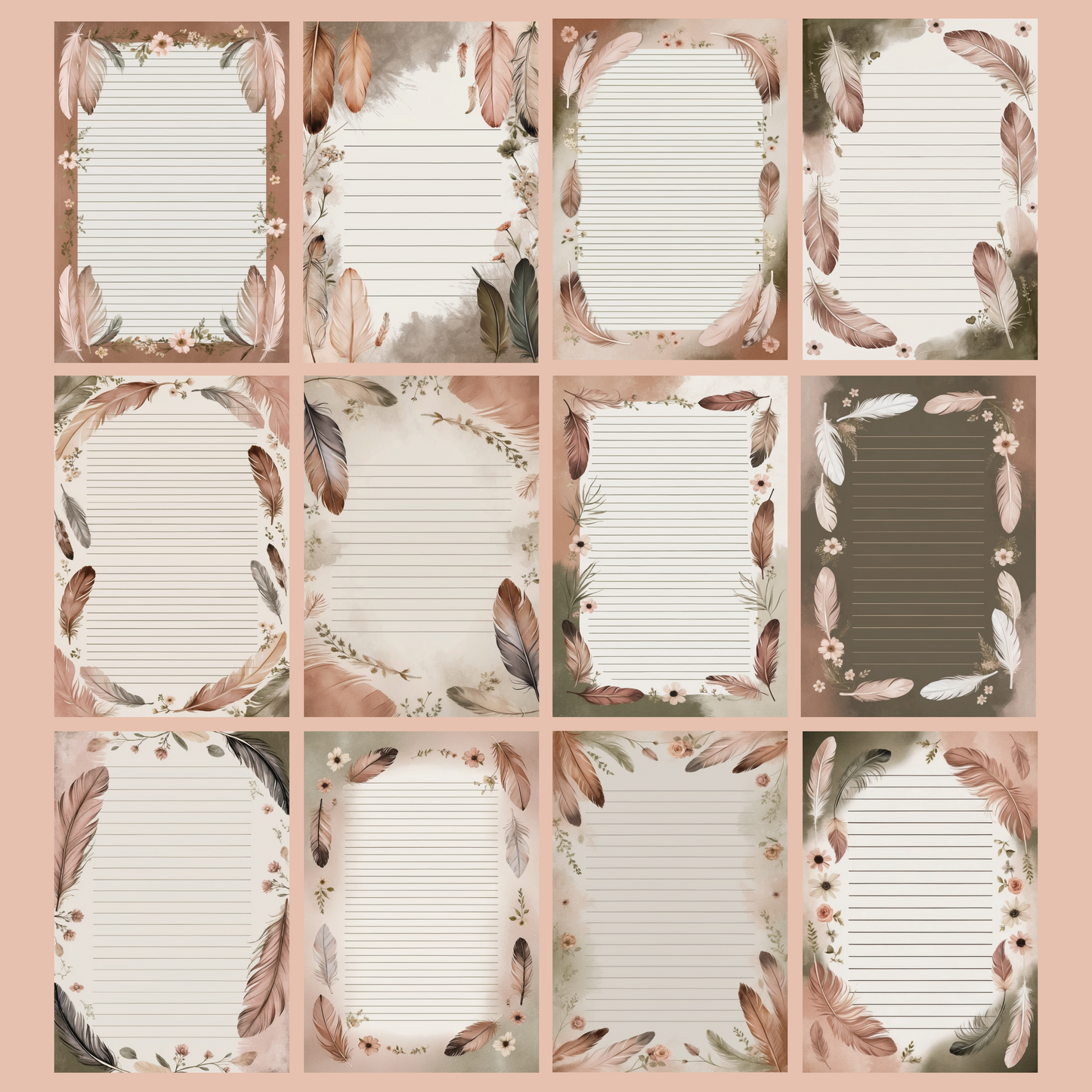 Feather & Flowers Notizseiten | Digital Download | 100 Seiten | Liniert | A4