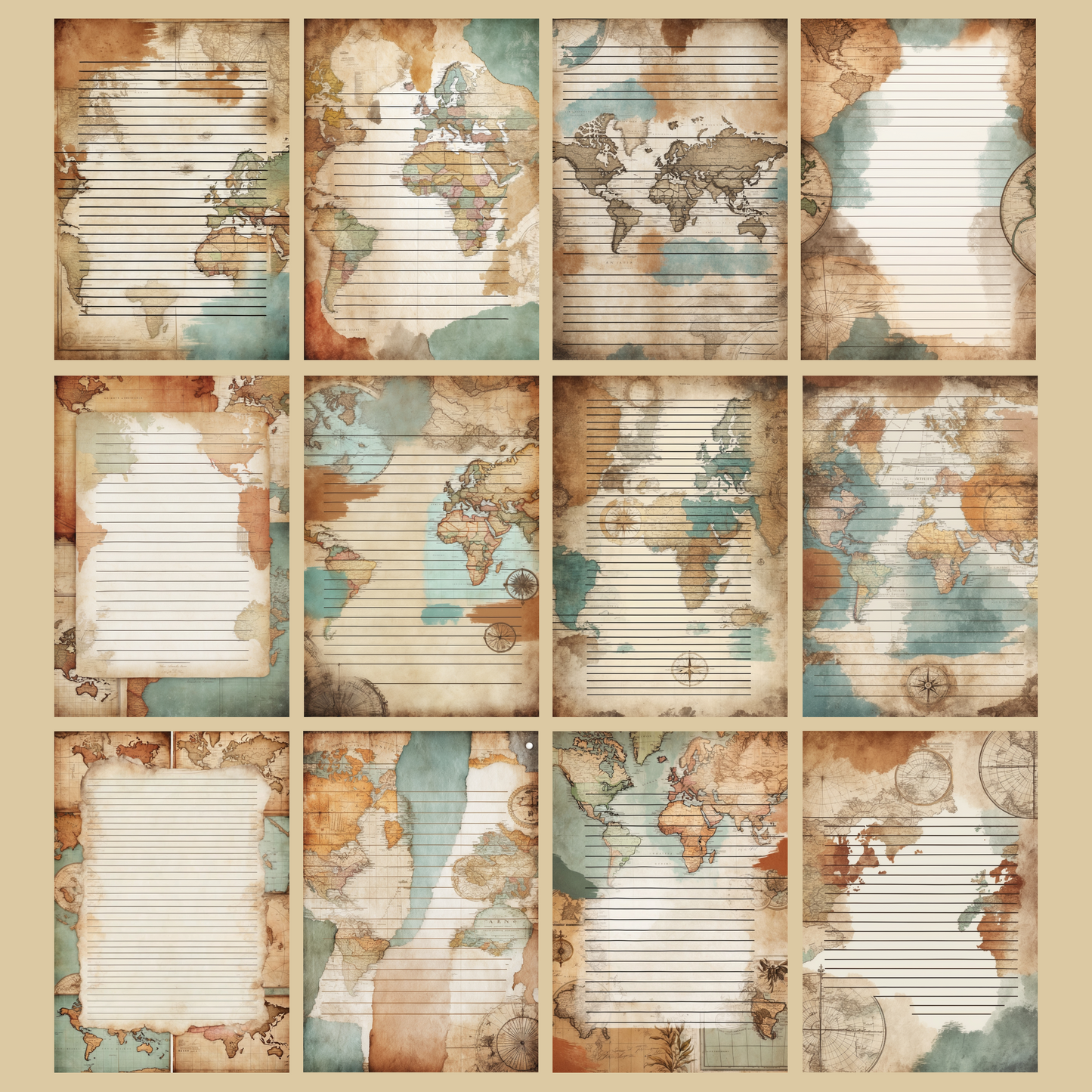 Vintage Map Notizseiten | Digital Download | 100 Seiten | Liniert | A4