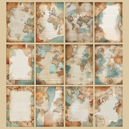 Vintage Map Notizseiten | Digital Download | 100 Seiten | Liniert | A4