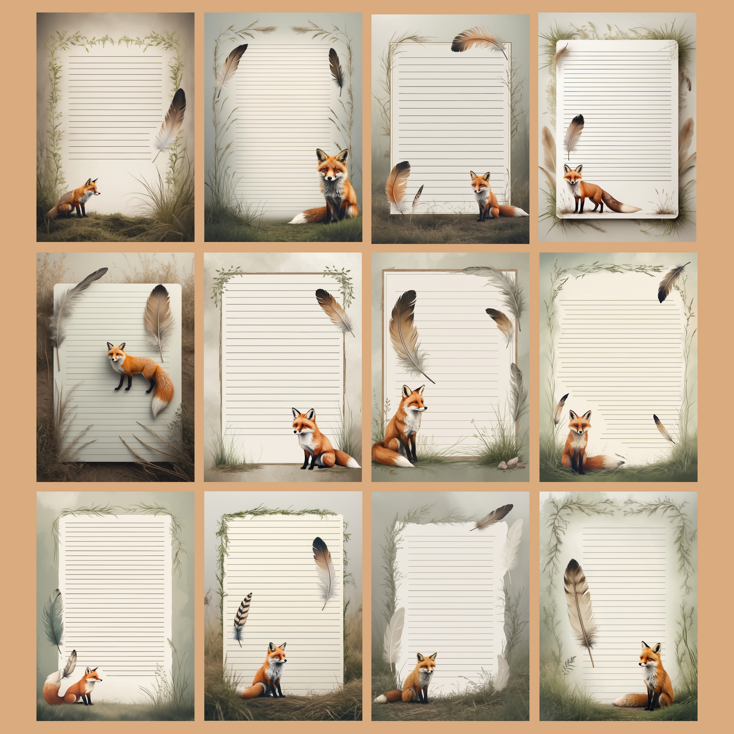 Fox & Feather Notizseiten | Digital Download | 100 Seiten | Liniert | A4