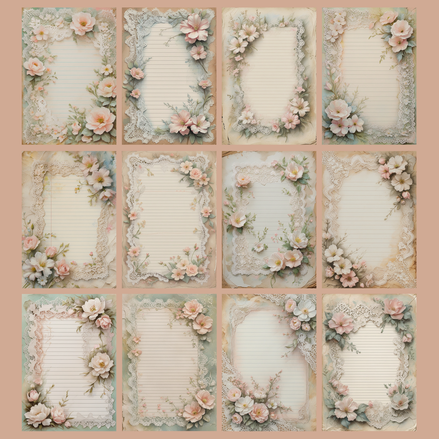 Lace & Blooms Notizseiten | Digital Download | 100 Seiten | Liniert | A4