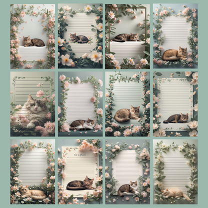 Cat in Flowers Notizseiten | Digital Download | 100 Seiten | Liniert | A4
