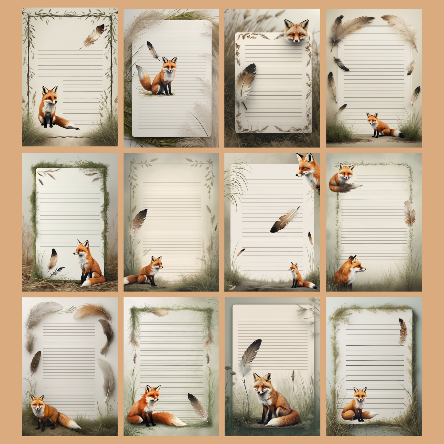 Fox & Feather Notizseiten | Digital Download | 100 Seiten | Liniert | A4