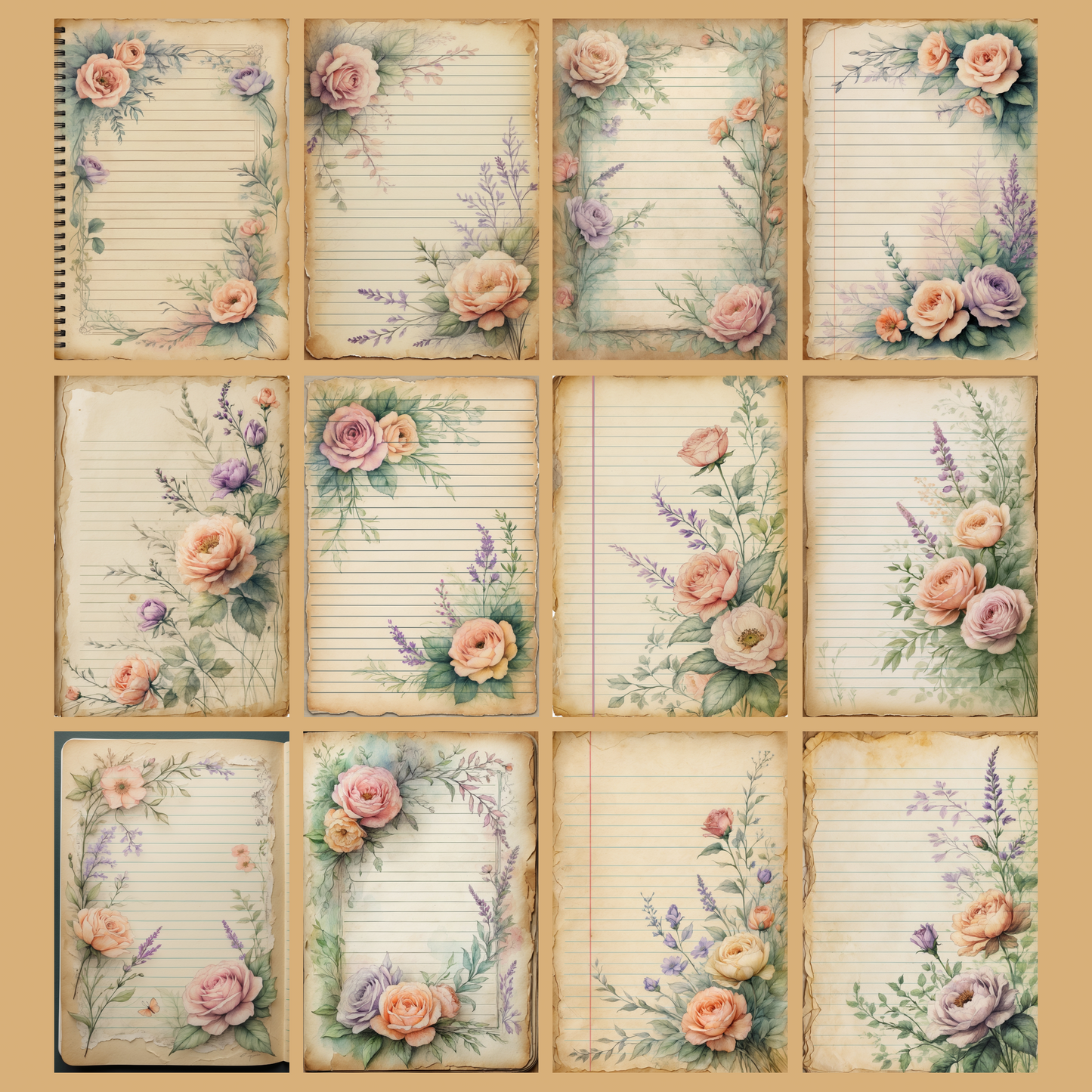 Vintage Floral Notizseiten | Digital Download | 100 Seiten | Liniert | A4