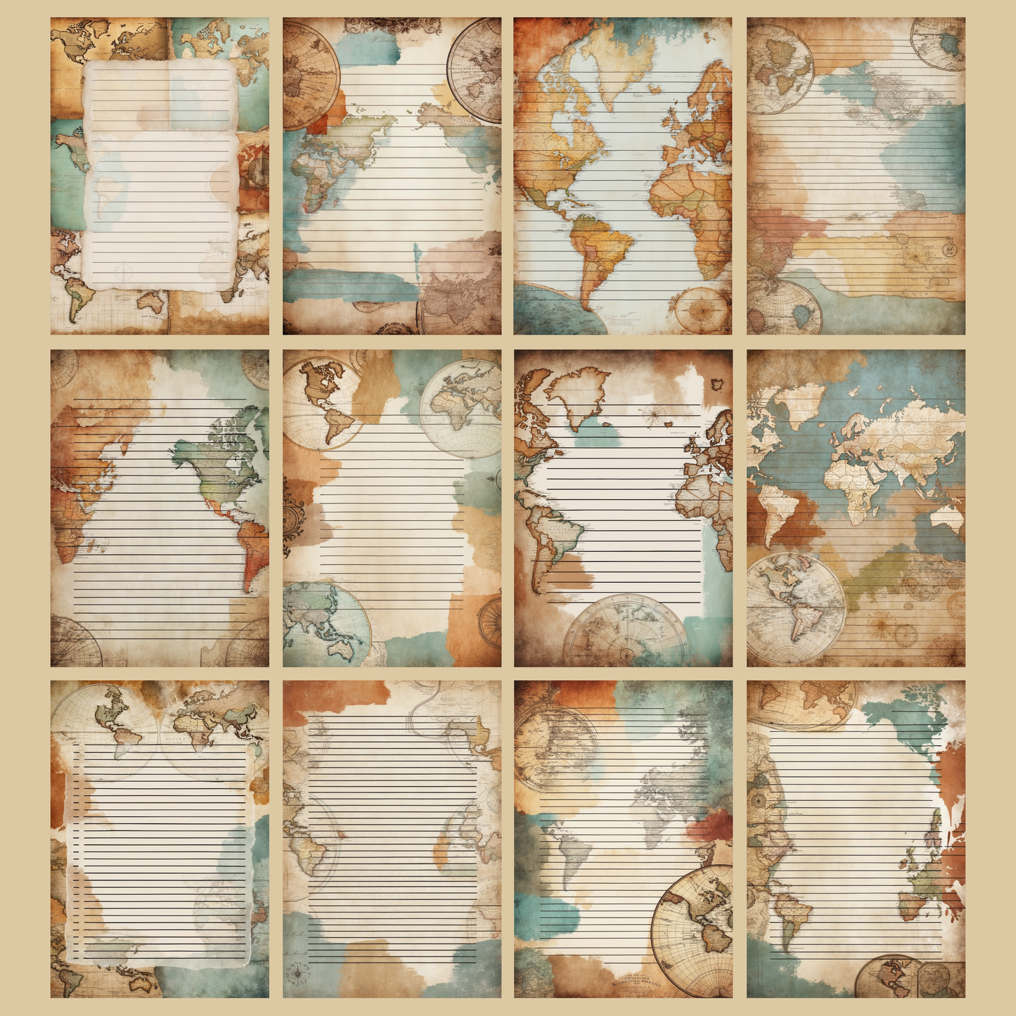 Vintage Map Notizseiten | Digital Download | 100 Seiten | Liniert | A4