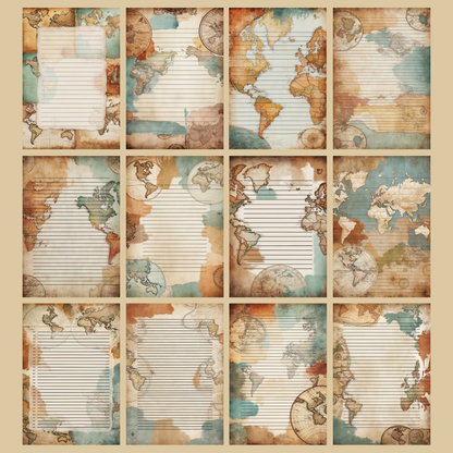 Vintage Map Notizseiten | Digital Download | 100 Seiten | Liniert | A4