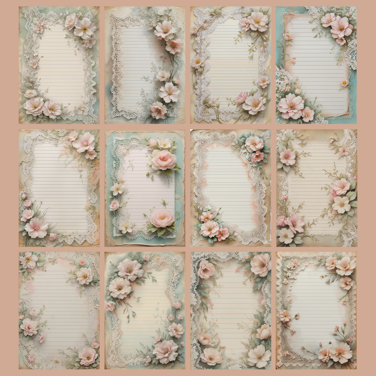 Lace & Blooms Notizseiten | Digital Download | 100 Seiten | Liniert | A4