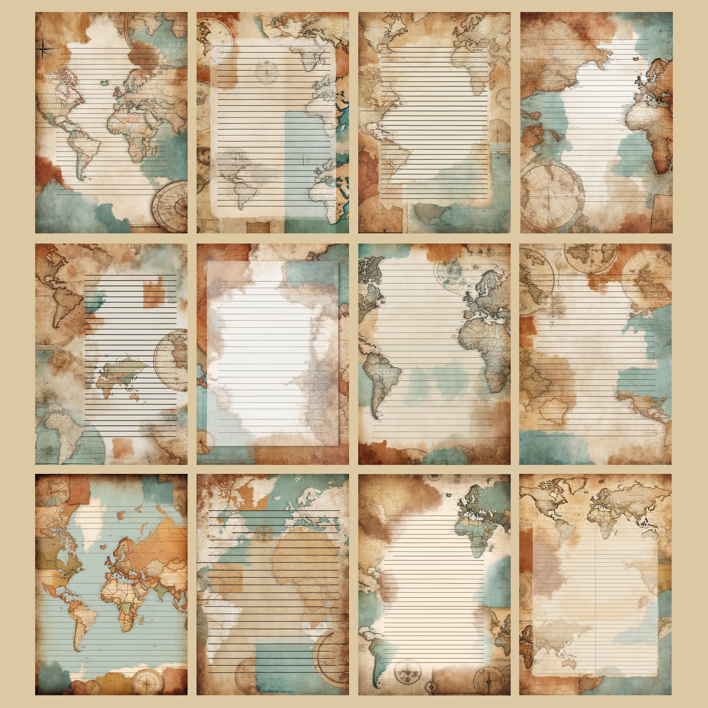 Vintage Map Notizseiten | Digital Download | 100 Seiten | Liniert | A4