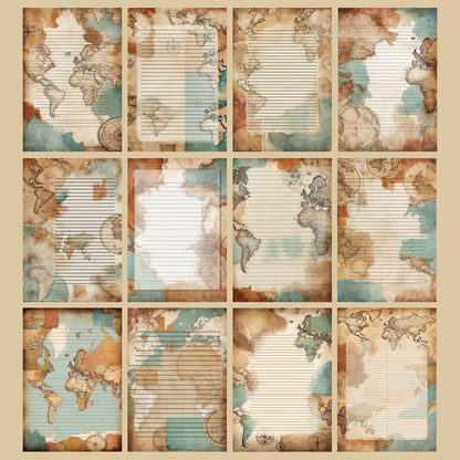 Vintage Map Notizseiten | Digital Download | 100 Seiten | Liniert | A4