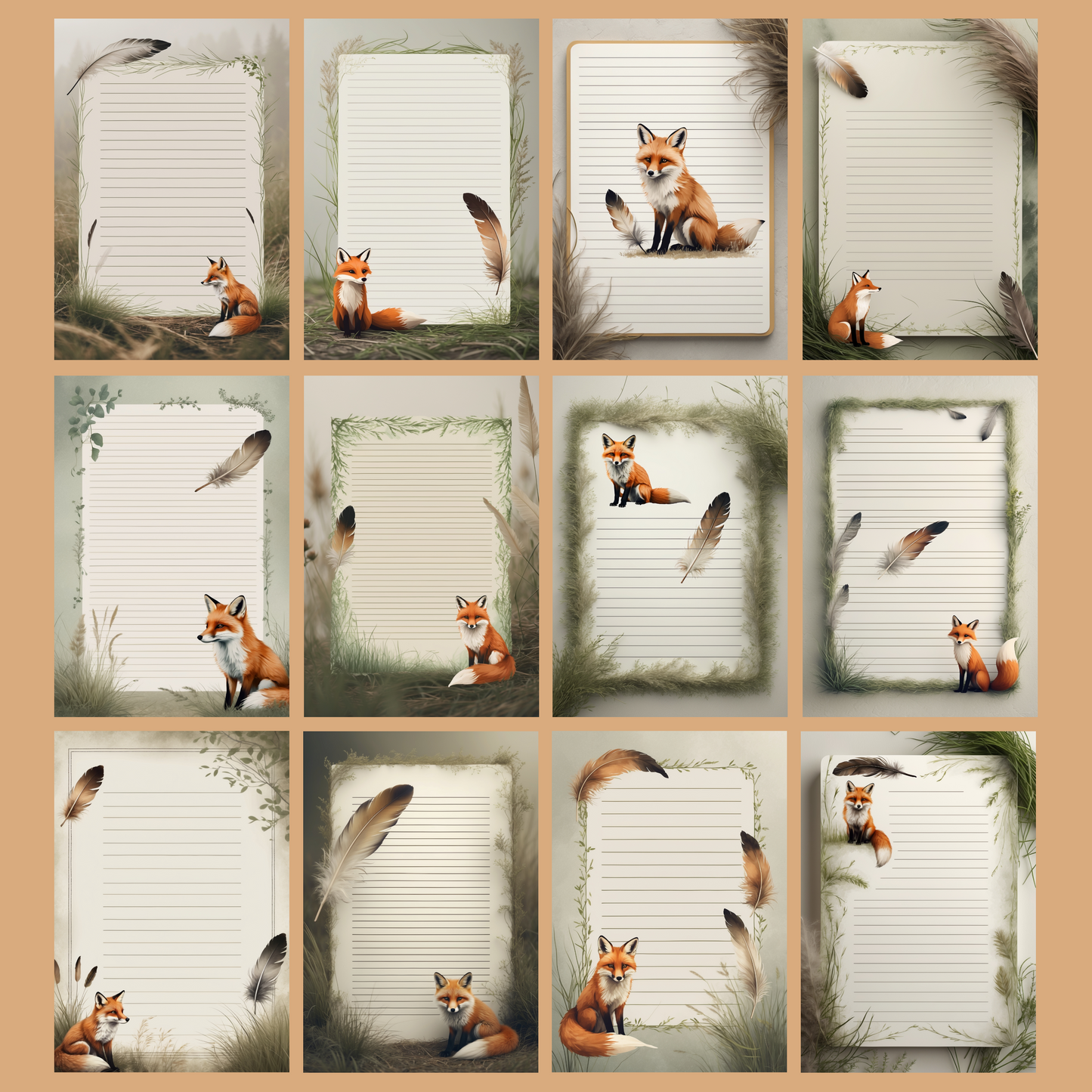 Fox & Feather Notizseiten | Digital Download | 100 Seiten | Liniert | A4