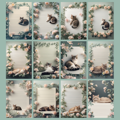 Cat in Flowers Notizseiten | Digital Download | 100 Seiten | Liniert | A4