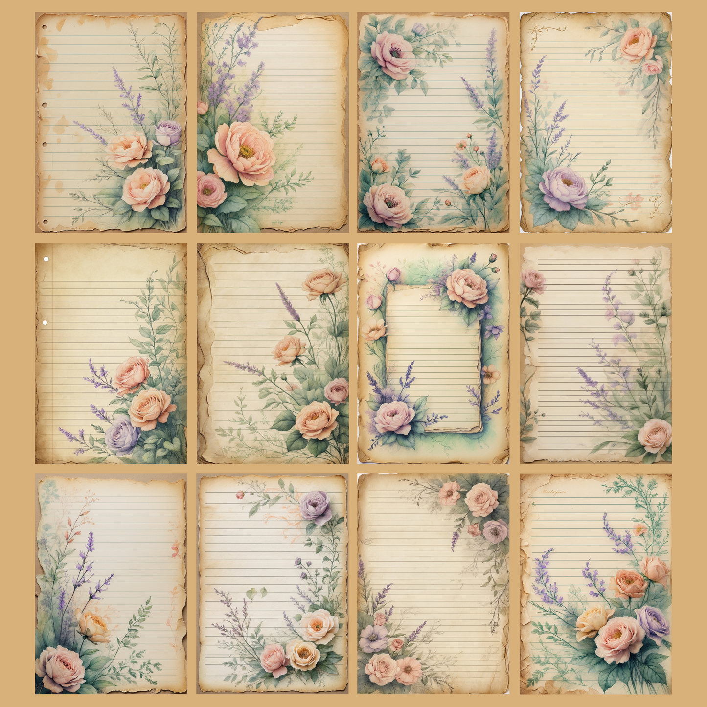 Vintage Floral Notizseiten | Digital Download | 100 Seiten | Liniert | A4