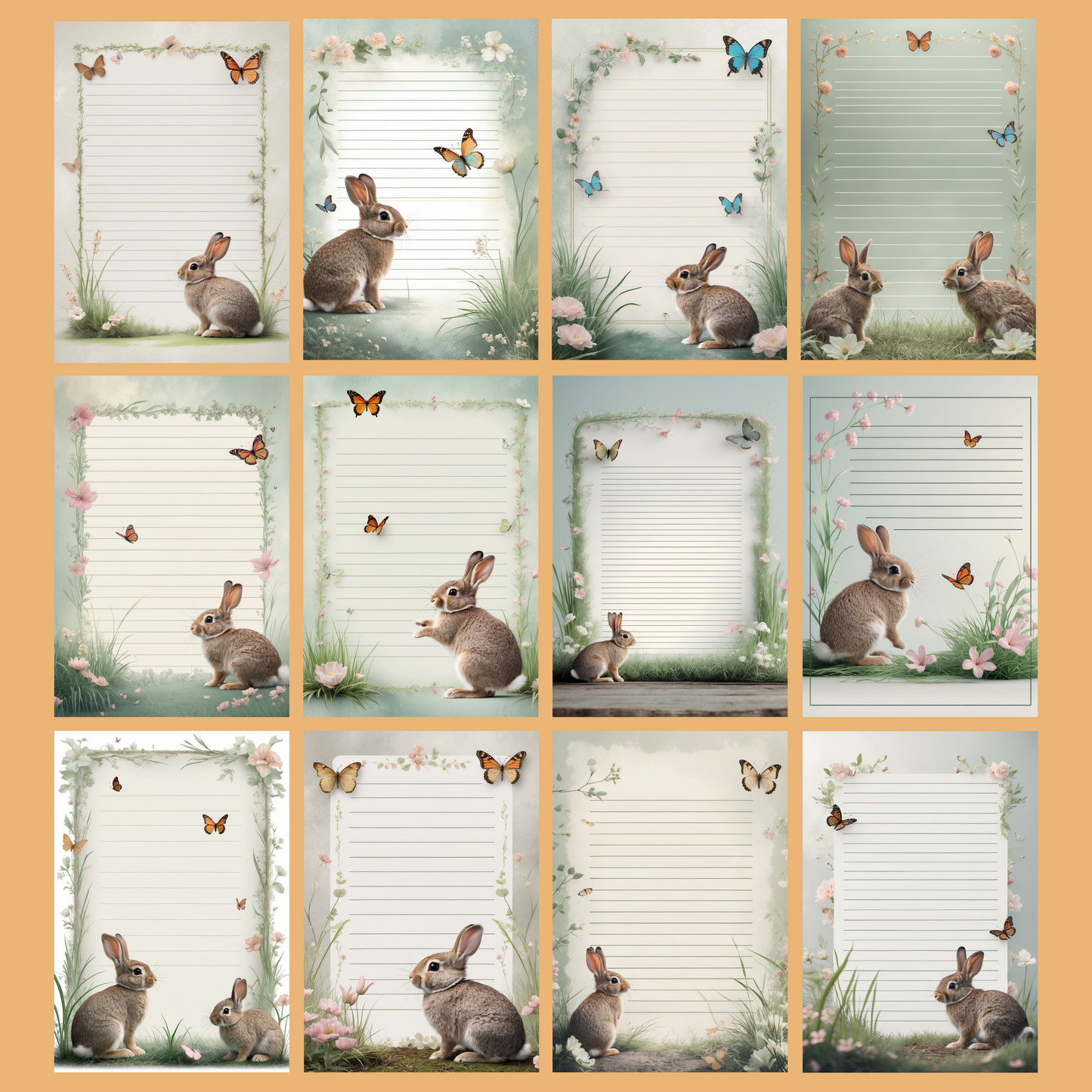 Bunny & Butterfly Notizseiten | Digital Download | 100 Seiten | Liniert | A4