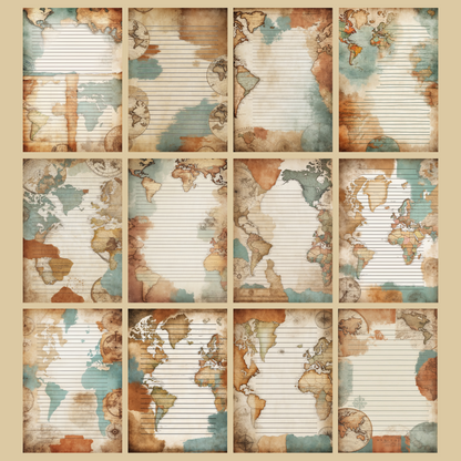 Vintage Map Notizseiten | Digital Download | 100 Seiten | Liniert | A4