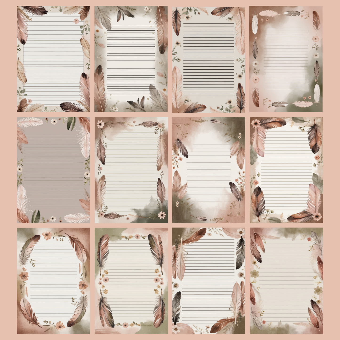 Feather & Flowers Notizseiten | Digital Download | 100 Seiten | Liniert | A4