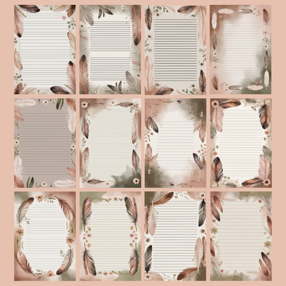 Feather & Flowers Notizseiten | Digital Download | 100 Seiten | Liniert | A4