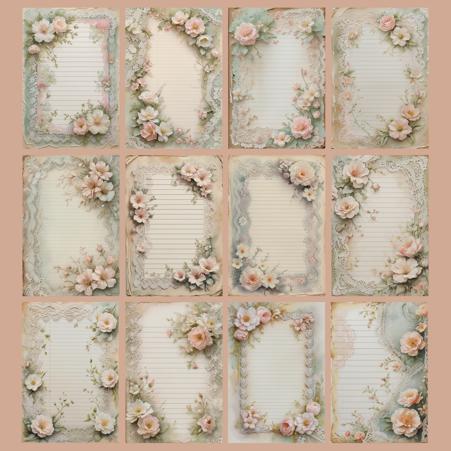 Lace & Blooms Notizseiten | Digital Download | 100 Seiten | Liniert | A4