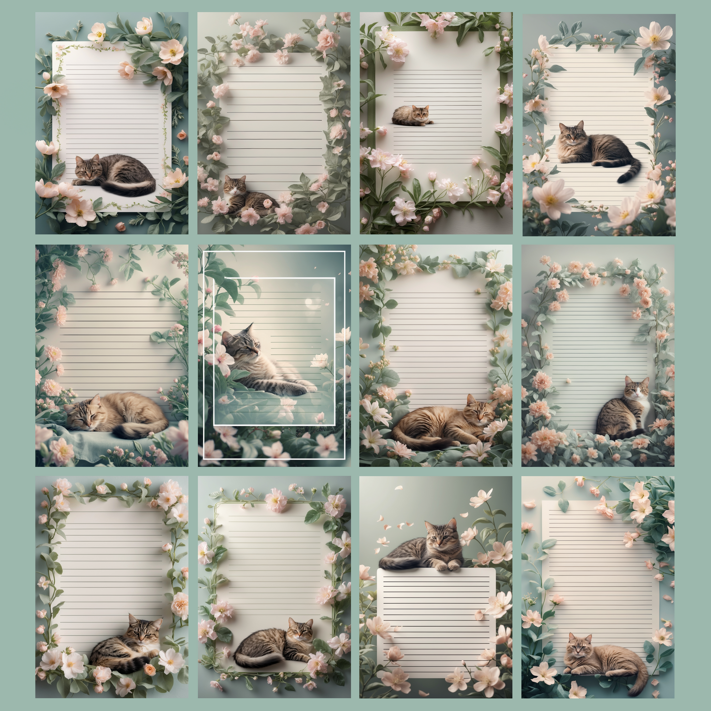 Cat in Flowers Notizseiten | Digital Download | 100 Seiten | Liniert | A4