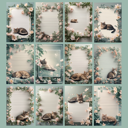 Cat in Flowers Notizseiten | Digital Download | 100 Seiten | Liniert | A4