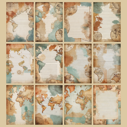 Vintage Map Notizseiten | Digital Download | 100 Seiten | Liniert | A4