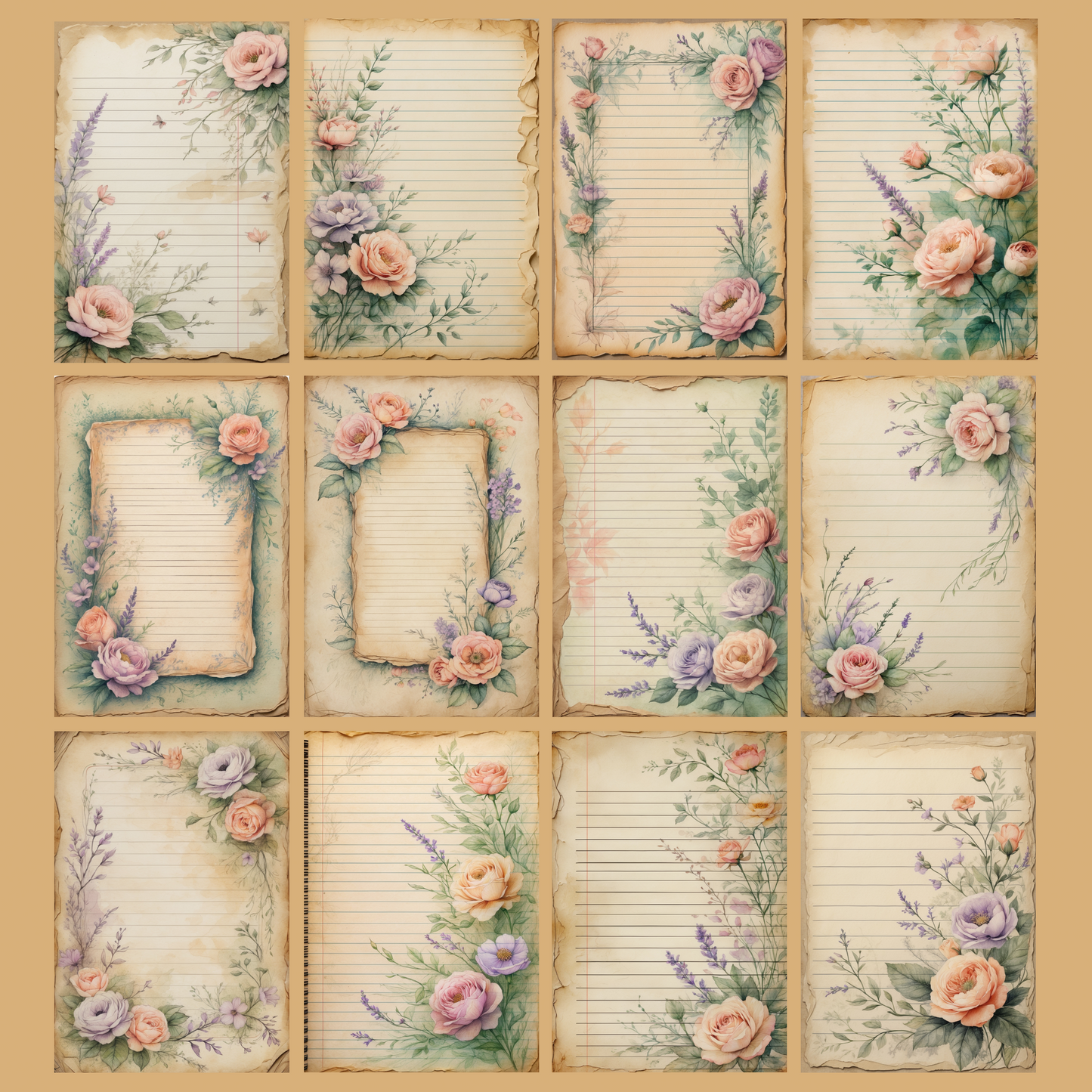 Vintage Floral Notizseiten | Digital Download | 100 Seiten | Liniert | A4