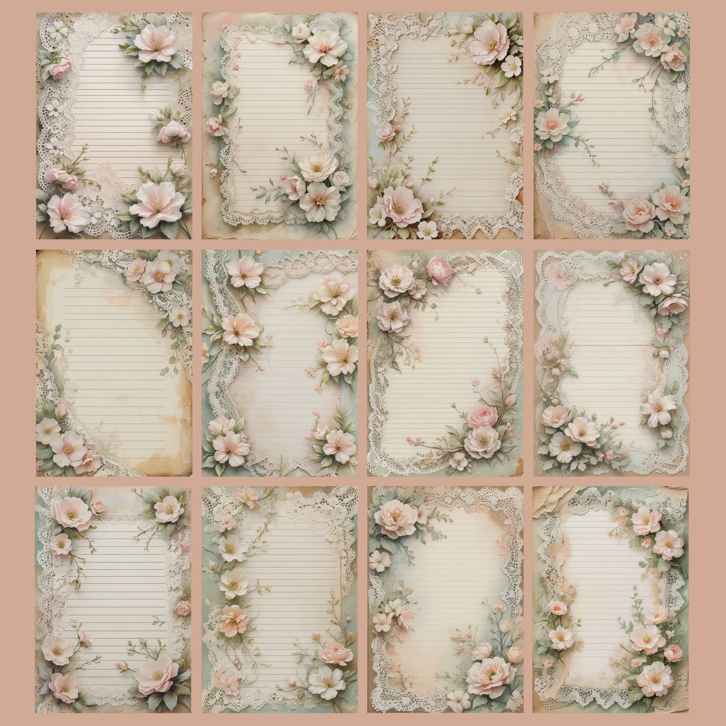 Lace & Blooms Notizseiten | Digital Download | 100 Seiten | Liniert | A4