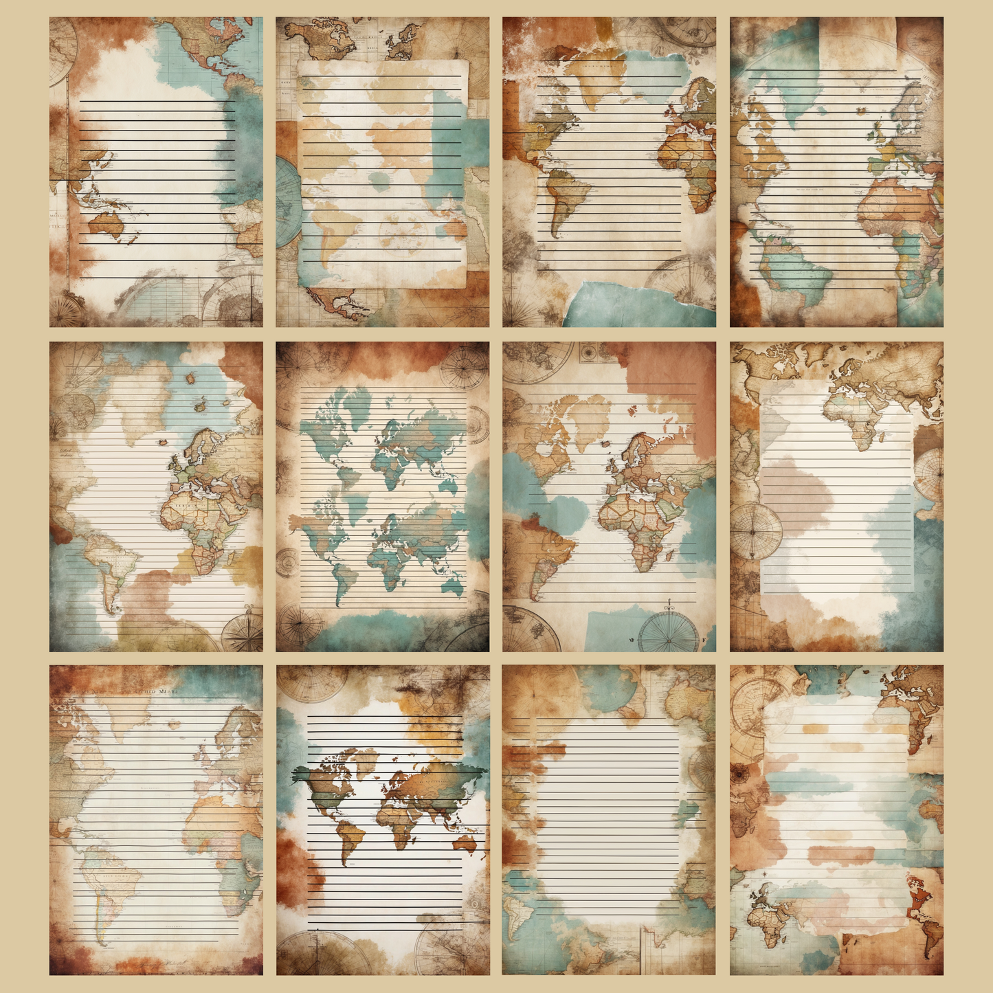 Vintage Map Notizseiten | Digital Download | 100 Seiten | Liniert | A4