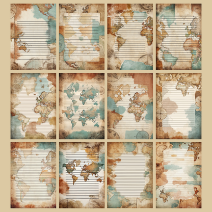 Vintage Map Notizseiten | Digital Download | 100 Seiten | Liniert | A4