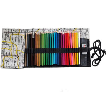 Federmäppchen | Weltkarten-Design | Canvas | 48 Stiftplätze | Einrollbar