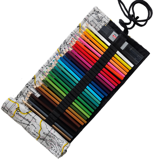Federmäppchen | Weltkarten-Design | Canvas | 48 Stiftplätze | Einrollbar